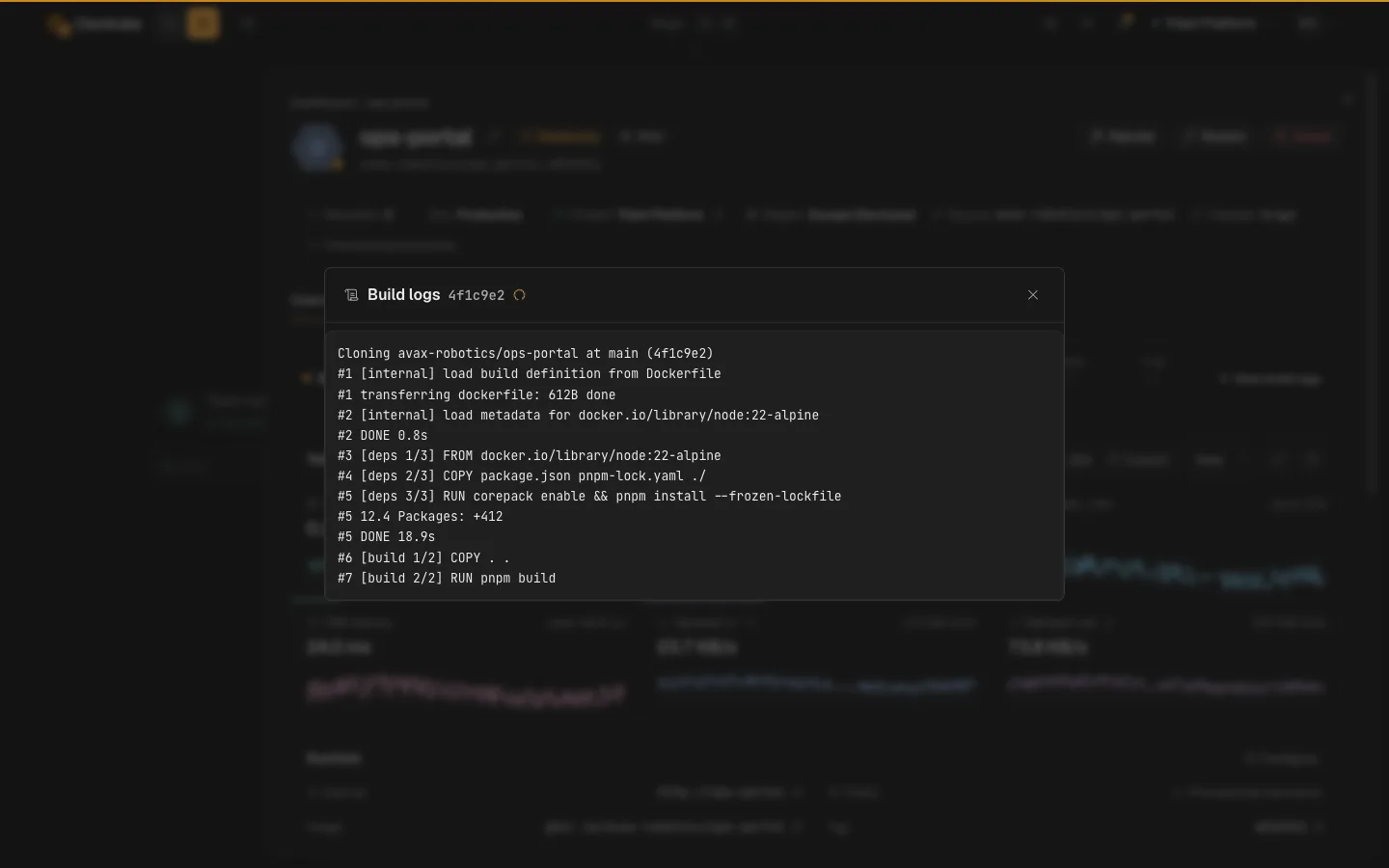 An Ownkube app's build tab showing the build log streaming as the image is built and pushed
