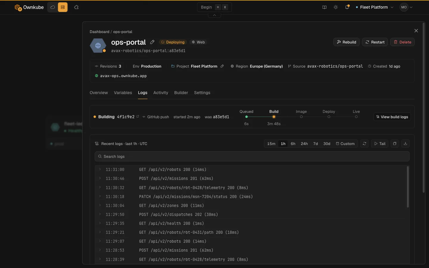 An Ownkube app's logs tab showing recent API requests with status codes and response times, a search box and a live tail button