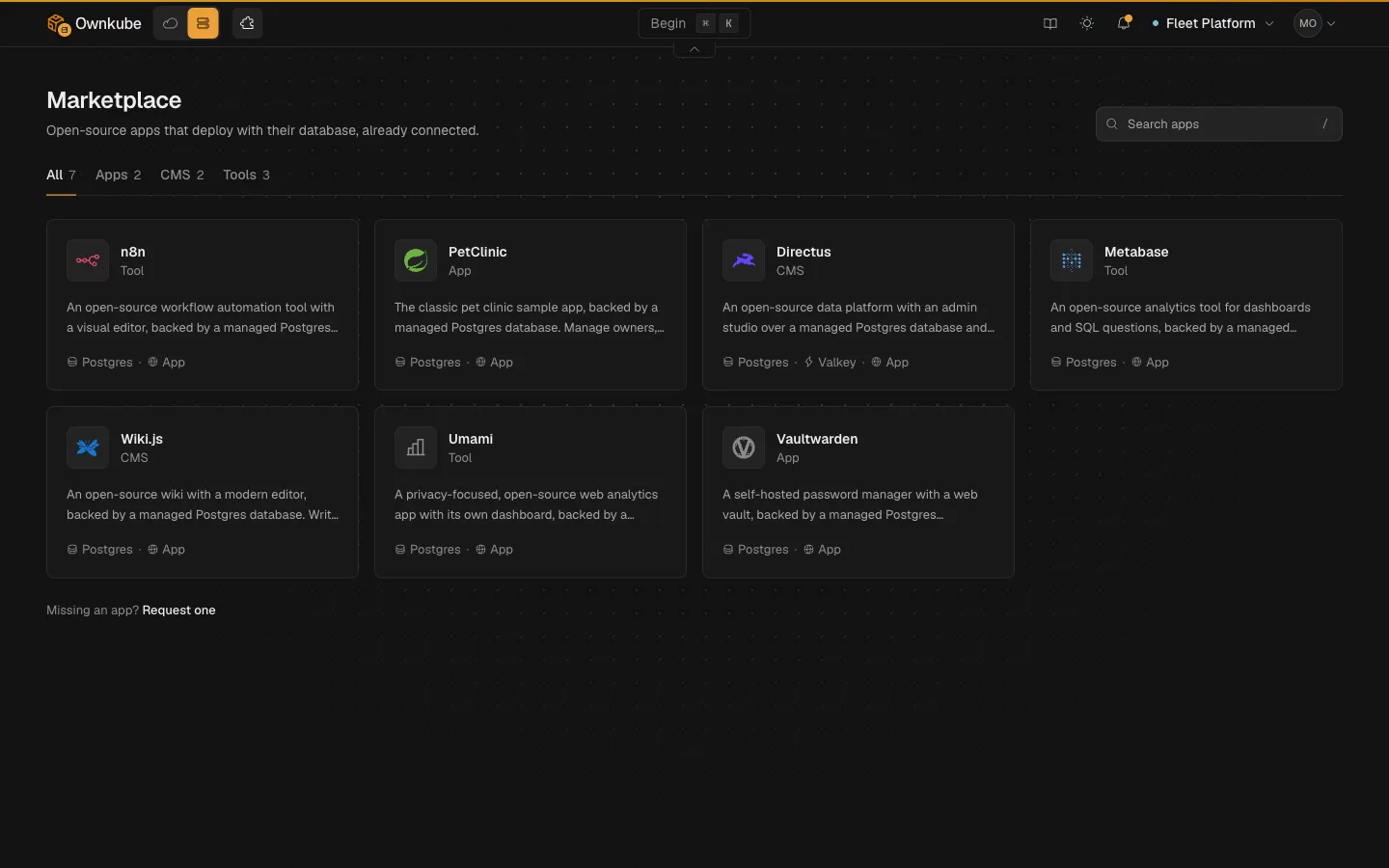 The Ownkube Marketplace listing n8n, PetClinic, Directus, Metabase, Wiki.js, Umami and Vaultwarden, each deployed with a managed Postgres