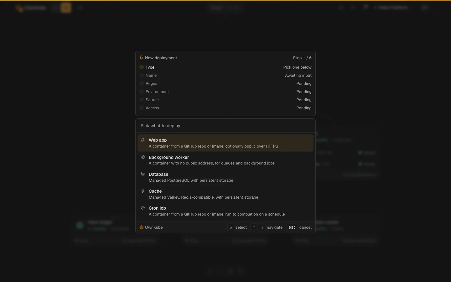 The Ownkube new deployment picker listing web app, background worker, database, cache and cron job