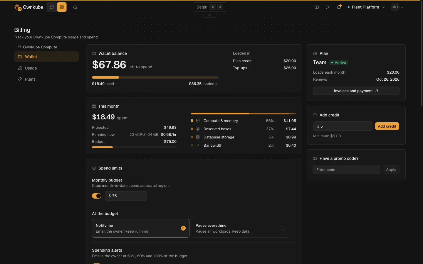 The Ownkube billing page showing the wallet balance, this month's spend split into compute, reserved boxes, database storage and bandwidth, and a monthly budget with spending alerts