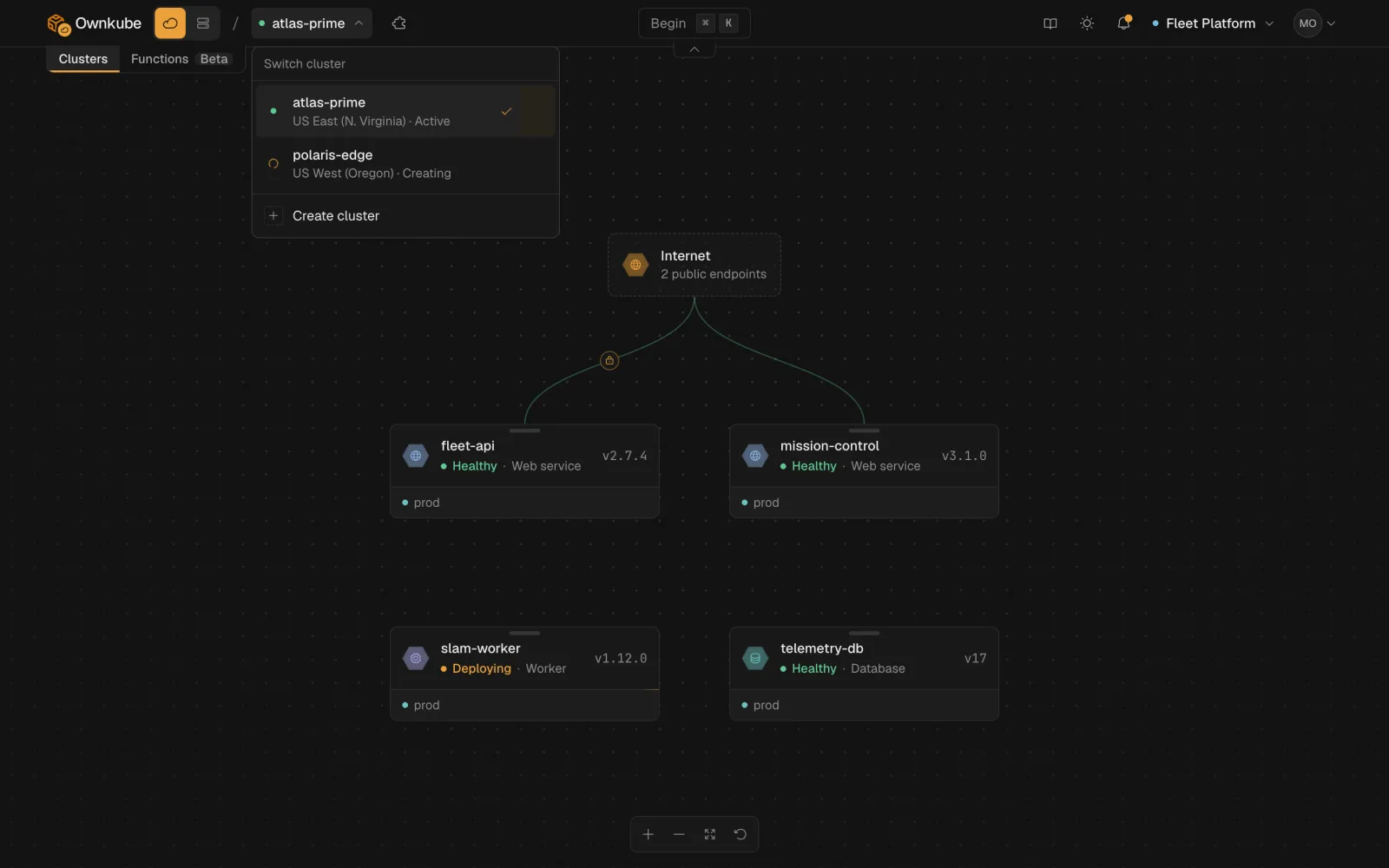 Screenshot of the target selector with Ownkube Compute regions and an own-cloud cluster listed together