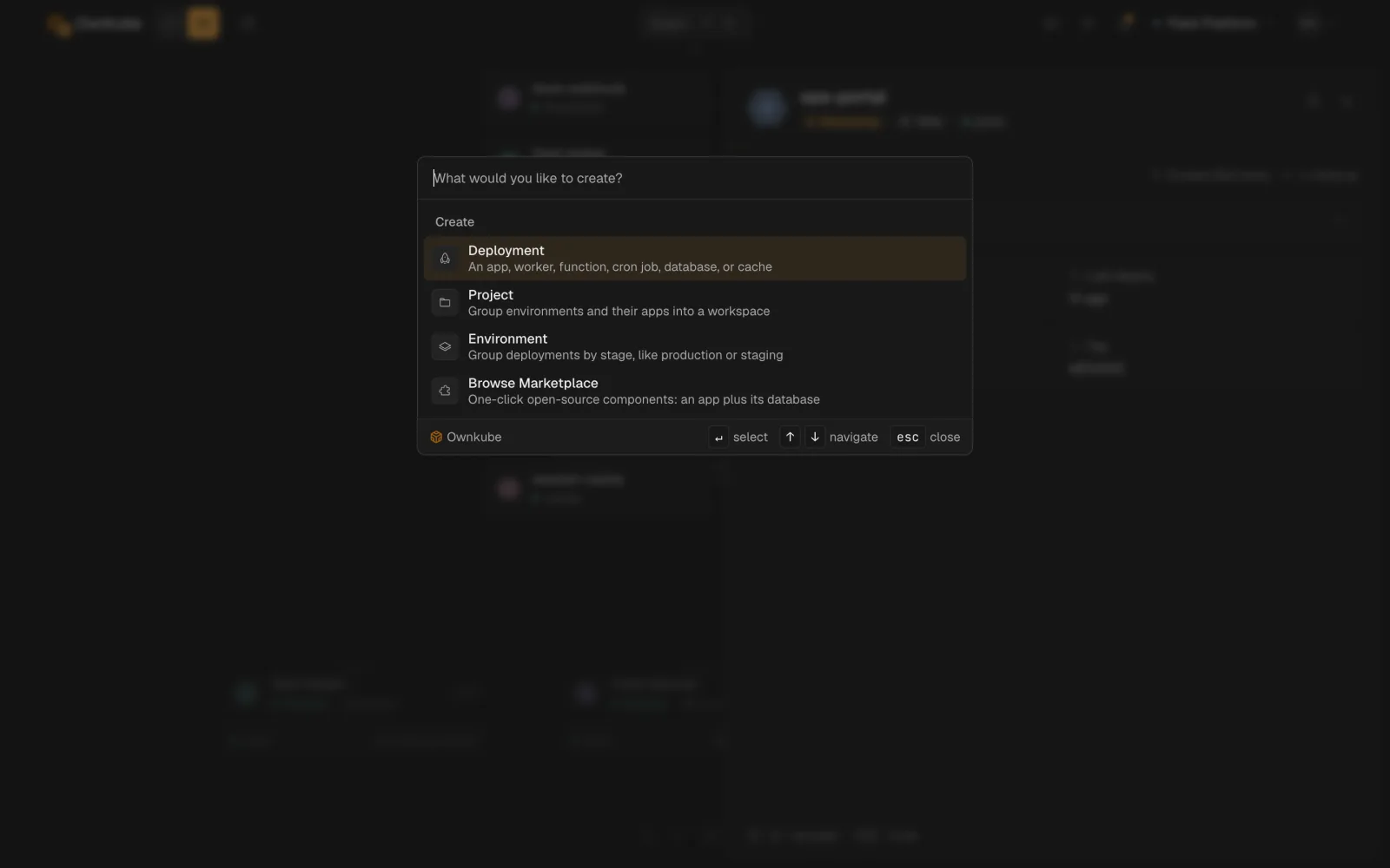 Screenshot of the command palette with actions to create a deployment, project or environment and browse the Marketplace