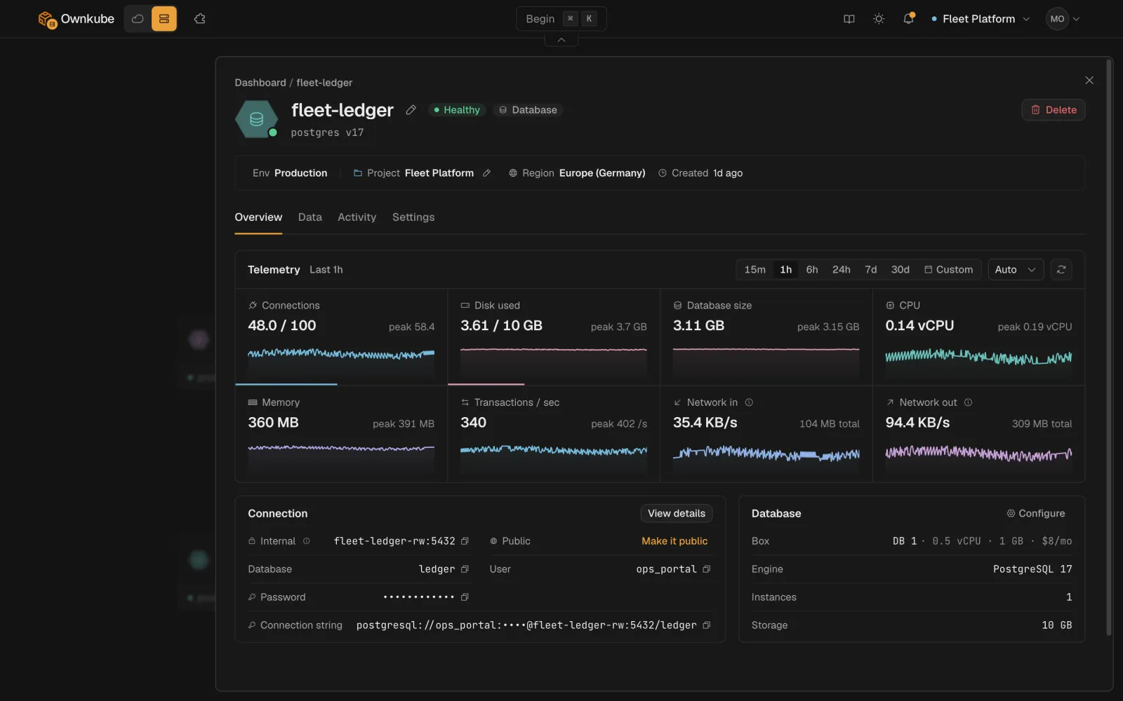 Screenshot of a managed Postgres deployment's Overview tab, showing status, box size, storage and connection details