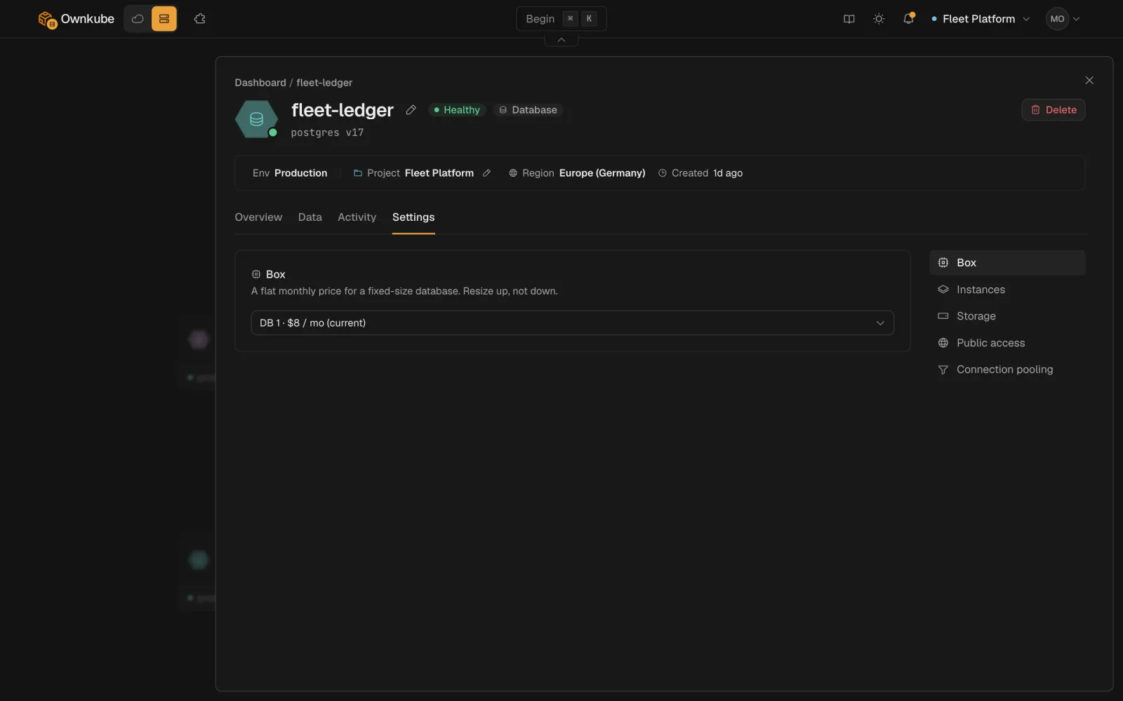 Screenshot of a managed Postgres deployment's Settings tab with Box, Storage, Public access, Connection pooling, Idle to zero and Automated backups sections