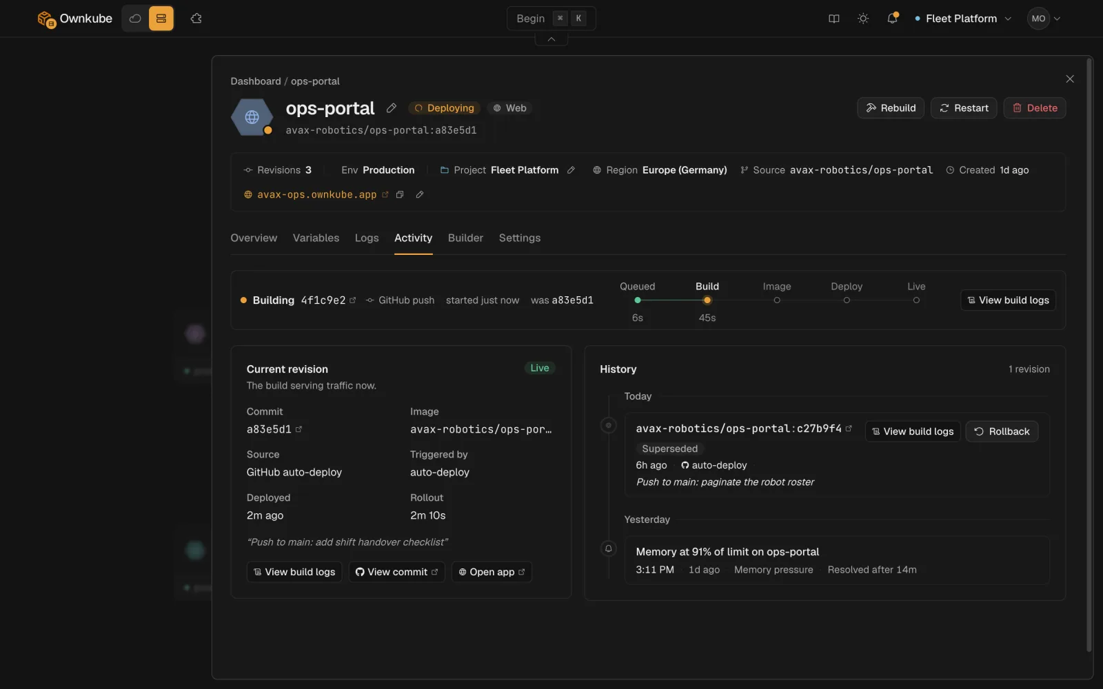 Screenshot of the Activity tab listing revisions with their author, time, status and a rollback action