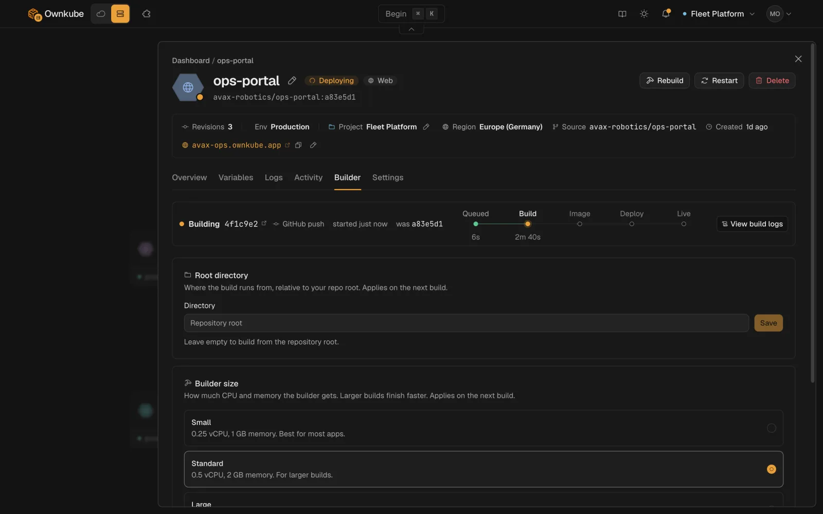 Screenshot of the Builder tab showing the root directory, builder size and the build pipeline stages