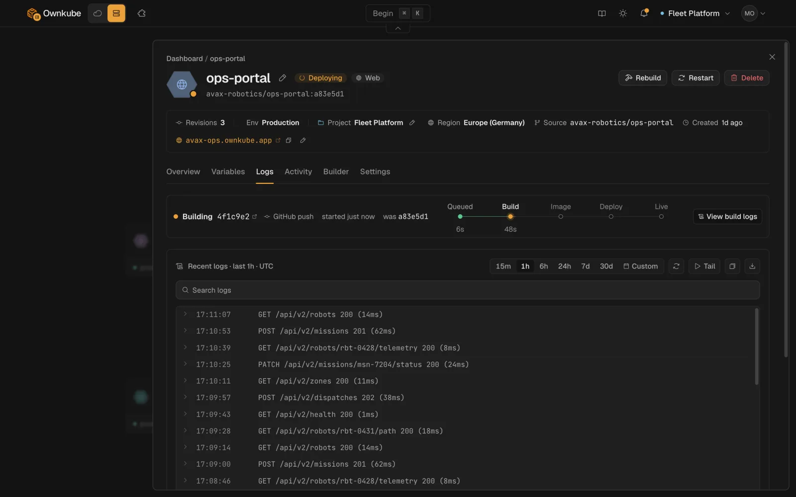 Screenshot of a deployment's Logs tab with the search bar, time window picker, live tail toggle and a stream of log lines