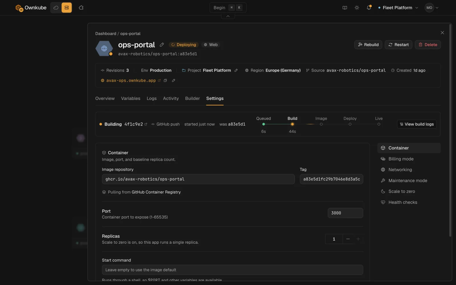 Screenshot of a web app's Settings tab with source, port, resources, scaling and health check sections
