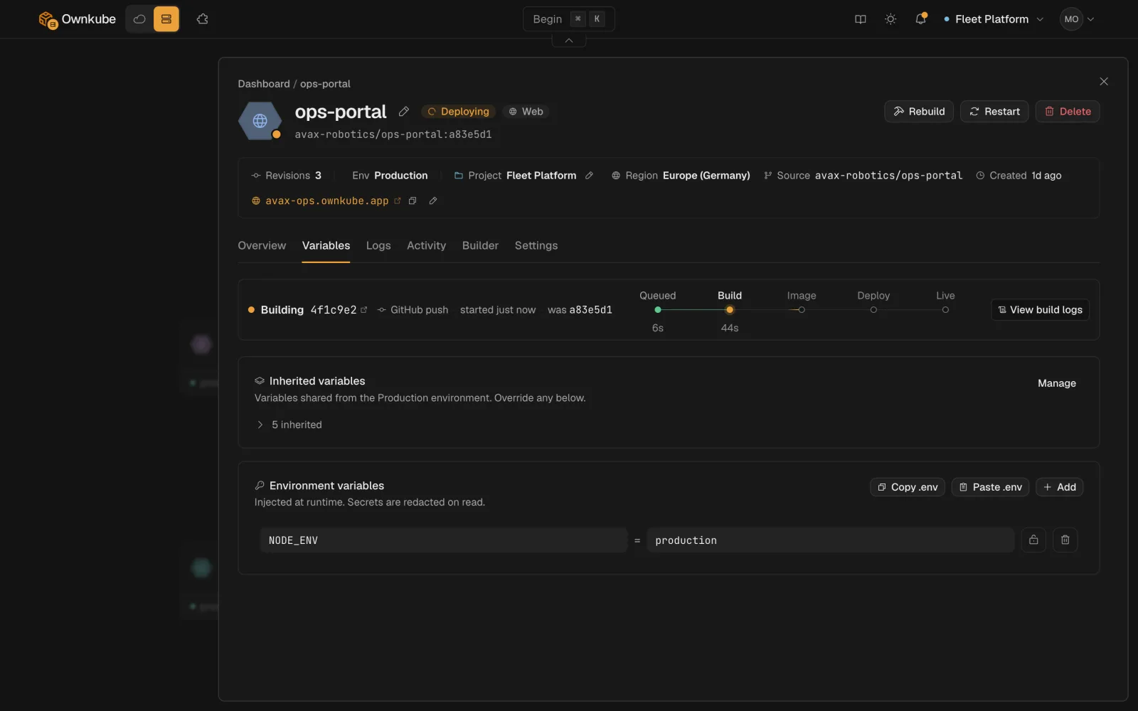 Screenshot of the Variables tab listing plain and secret variables for a web app