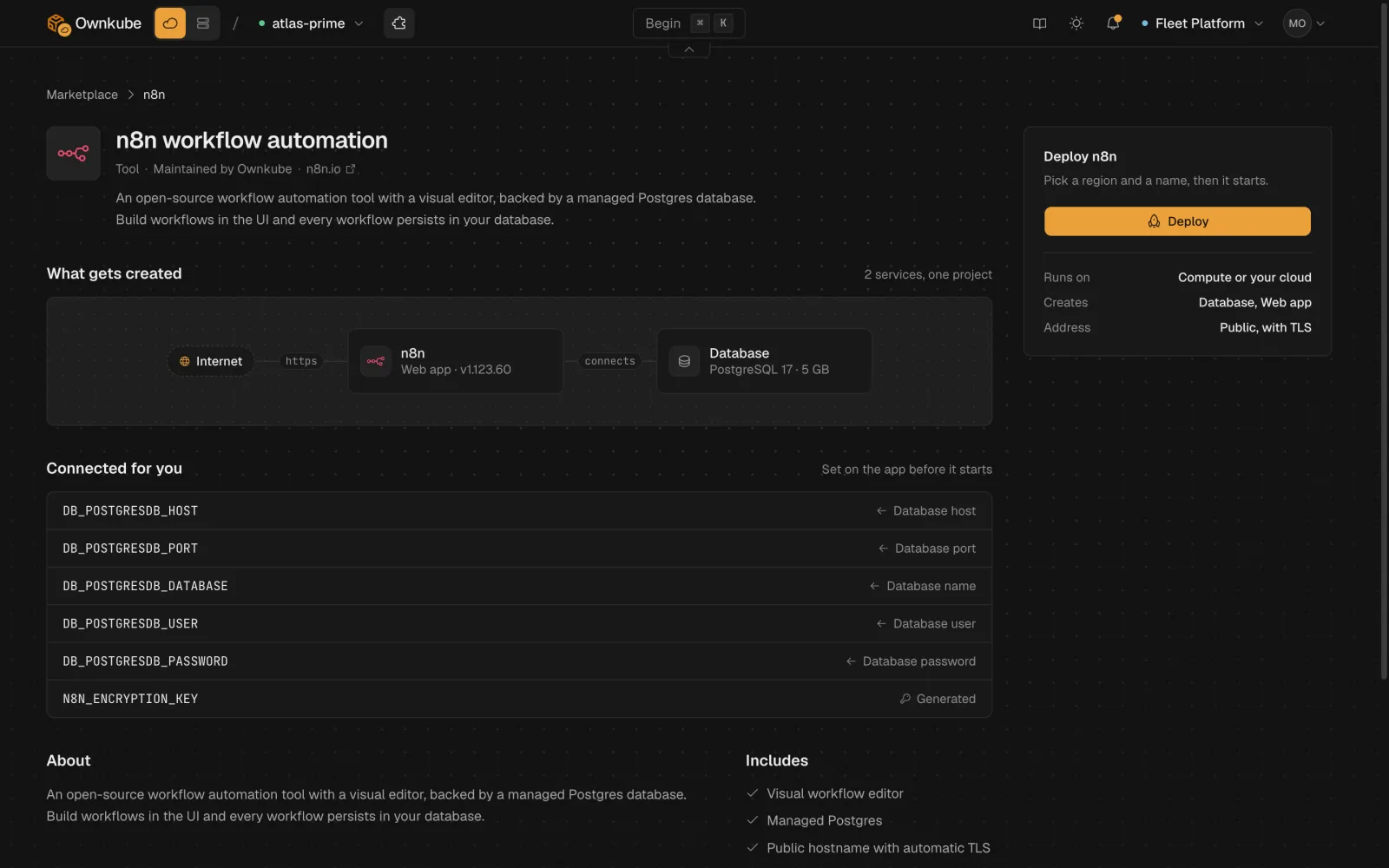 Screenshot of the n8n Marketplace page, listing what the install creates and a Deploy button