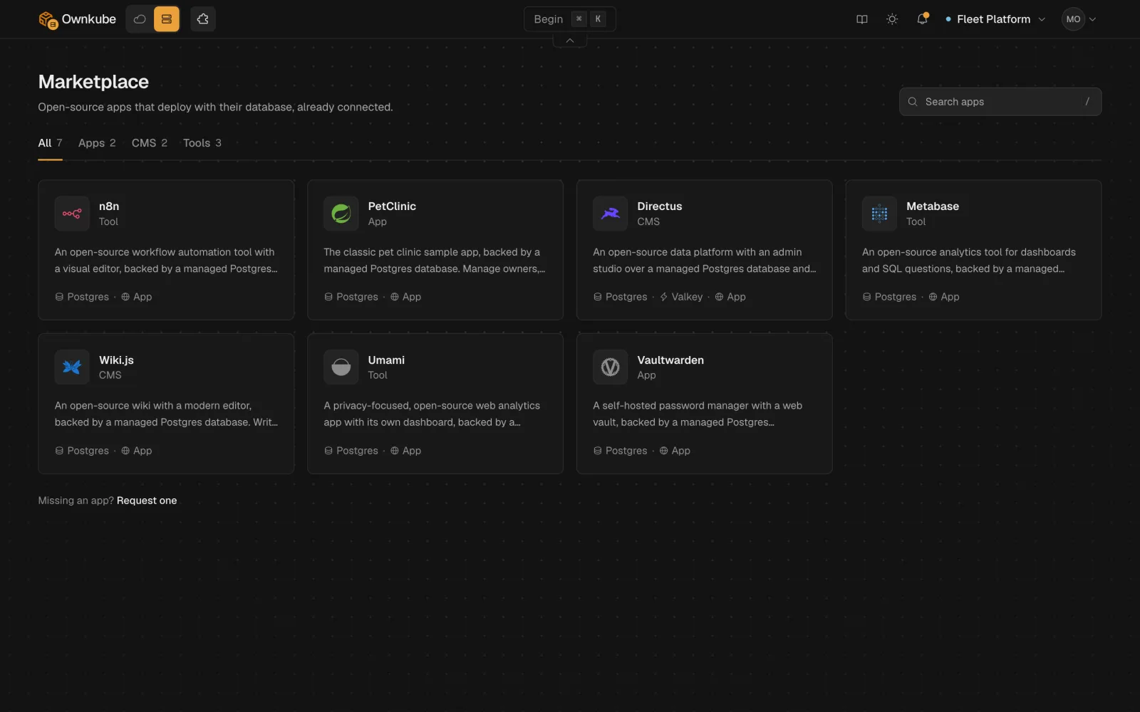 Screenshot of the Marketplace catalog in the Ownkube dashboard, showing app cards for n8n, Metabase, Directus and others