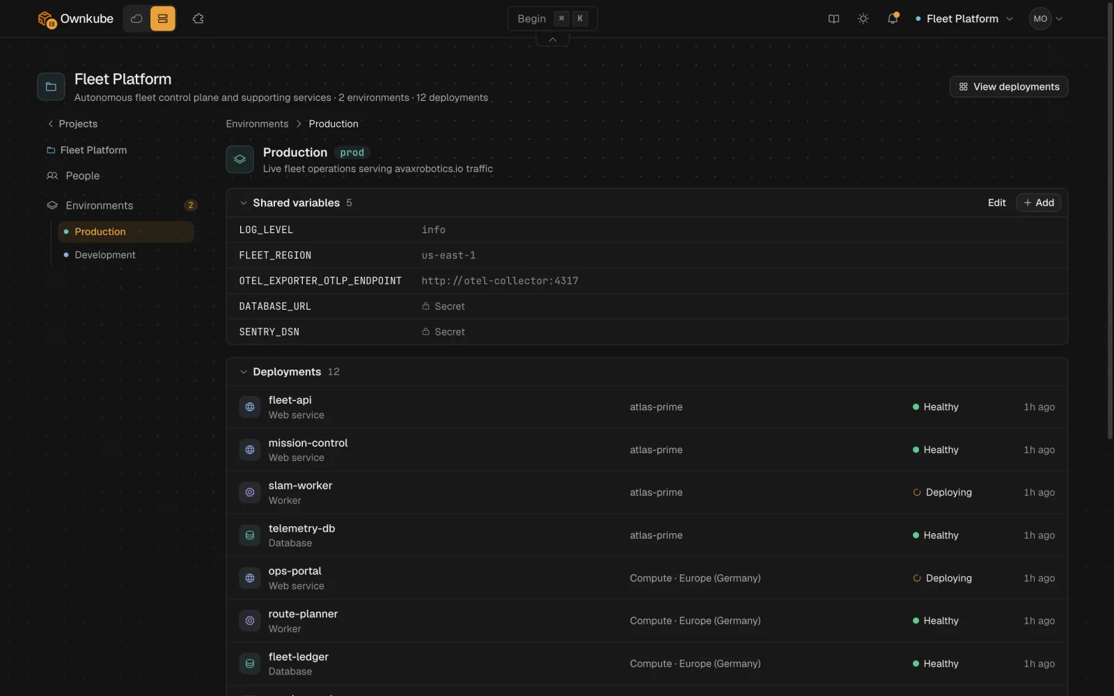 Screenshot of a project's environments with Development and Production and the deployments in each