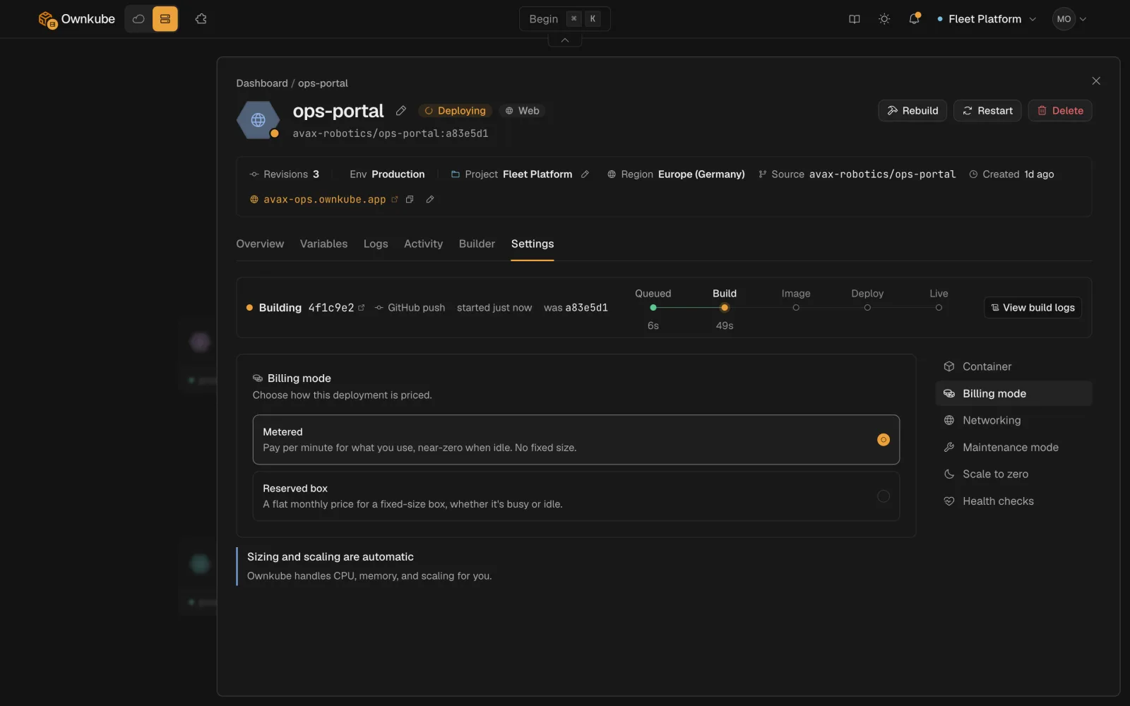 Screenshot of the Billing mode setting on a deployment, switching between metered and a reserved box