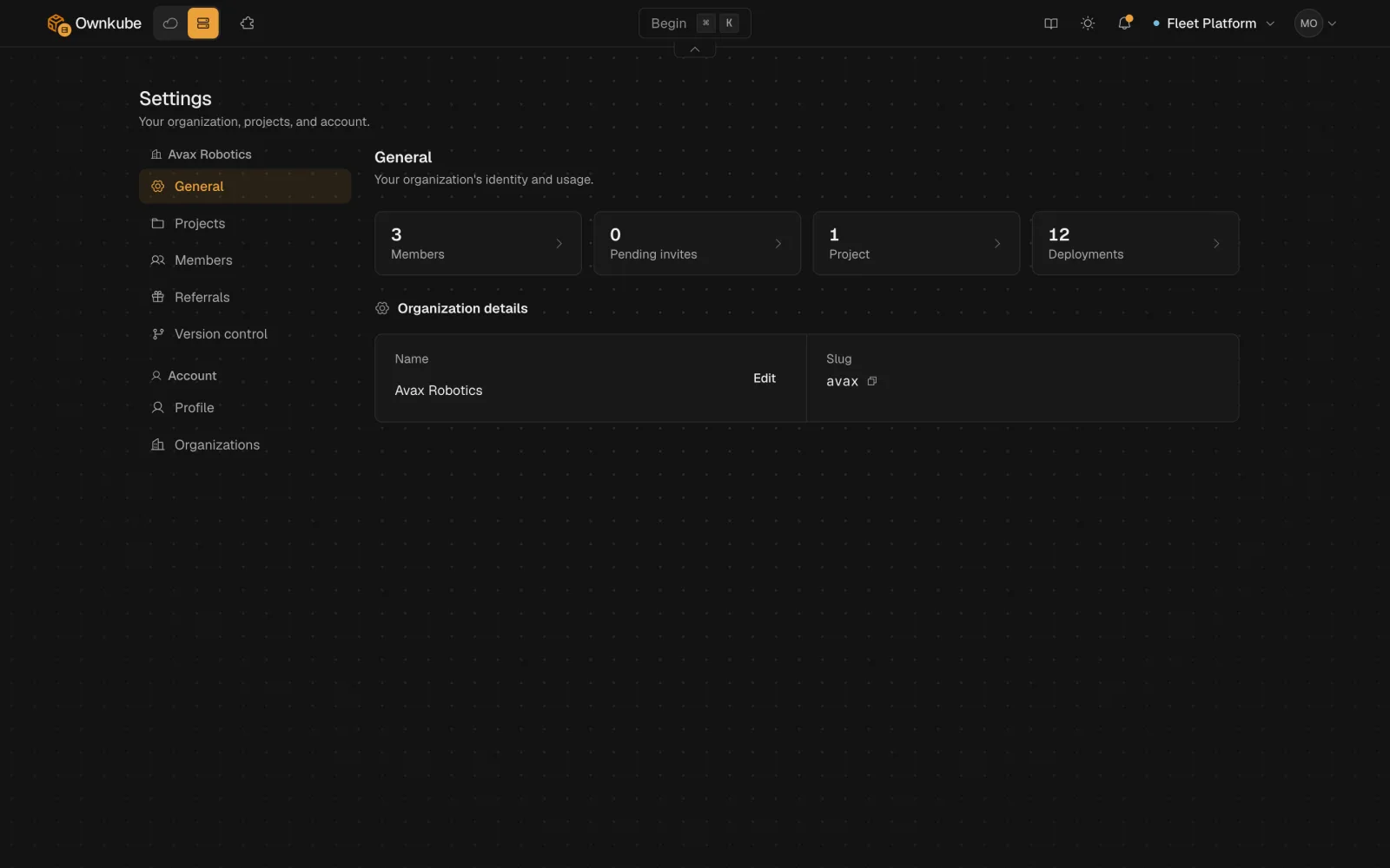 Screenshot of the organization General settings showing the organization name and its usage