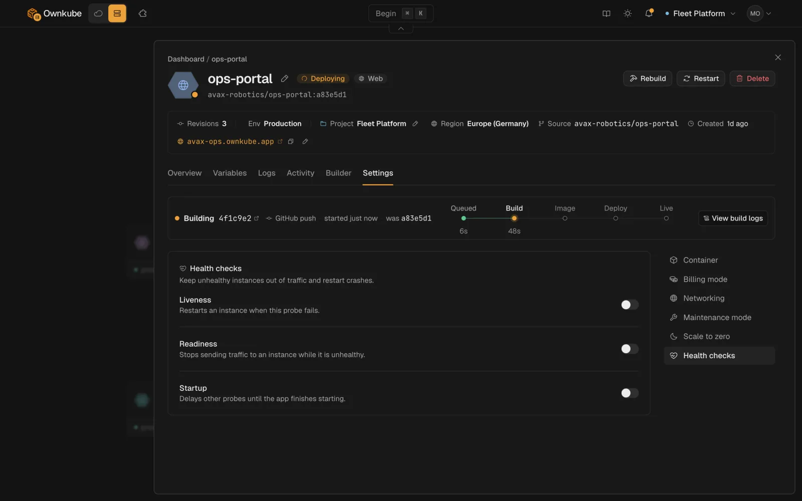 Screenshot of the health checks section on the Settings tab with startup, liveness and readiness probes