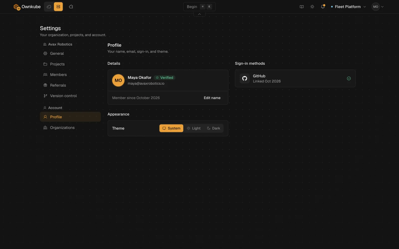 Screenshot of the Profile settings page with the SSH keys section