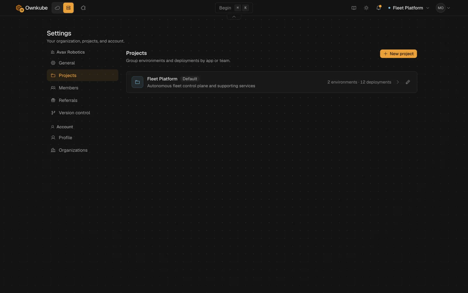 Screenshot of the Projects settings showing a project card with its name, slug, description and colour