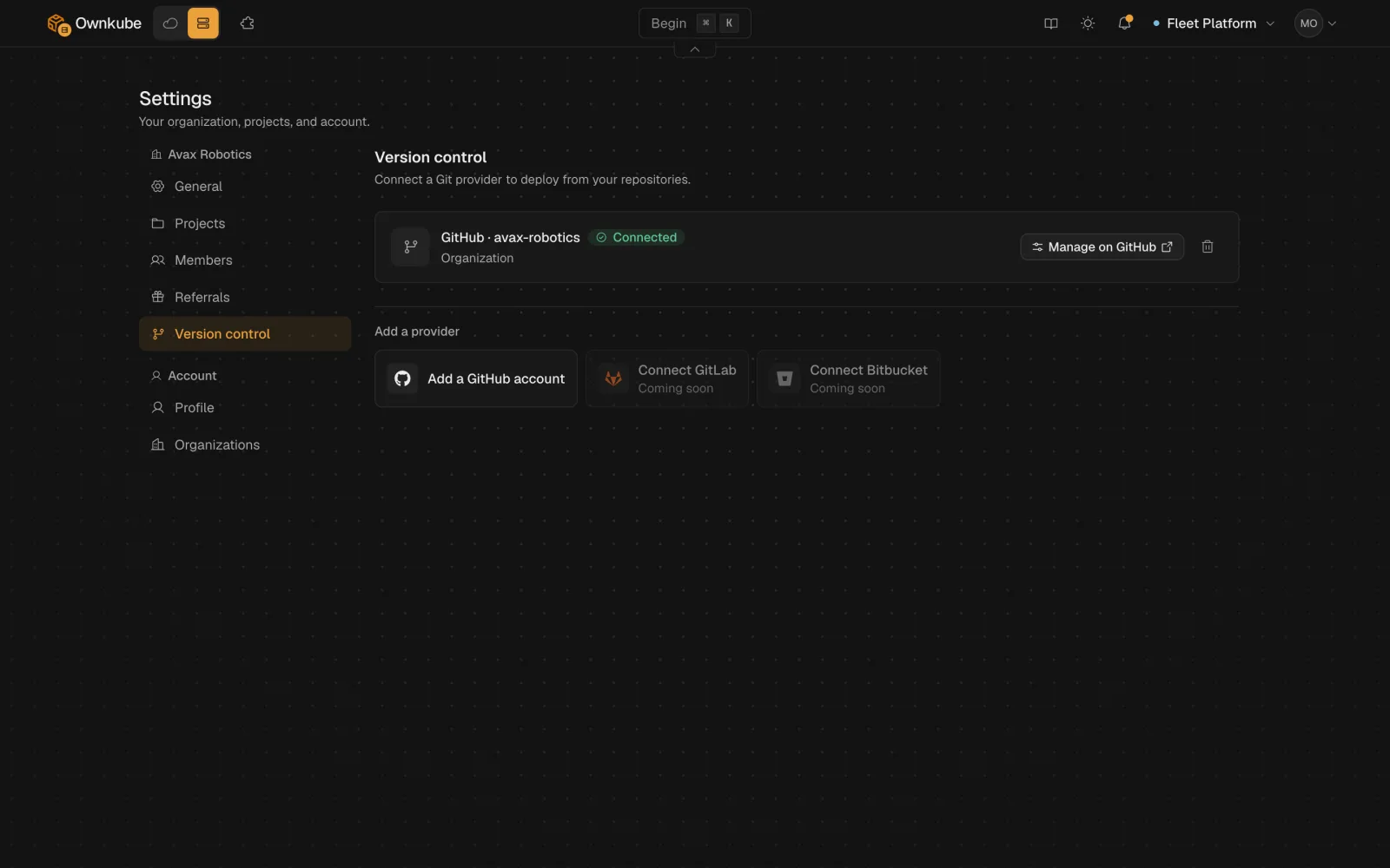 Screenshot of the Version control settings showing the GitHub and GitLab connection tiles