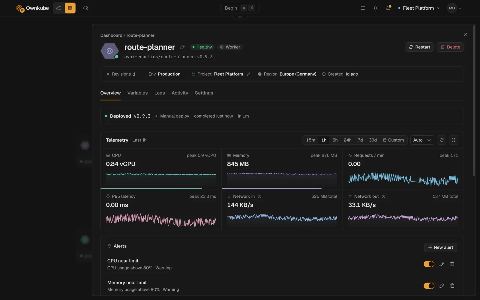 Screenshot of a worker deployment's Overview tab with status, resource usage and recent activity